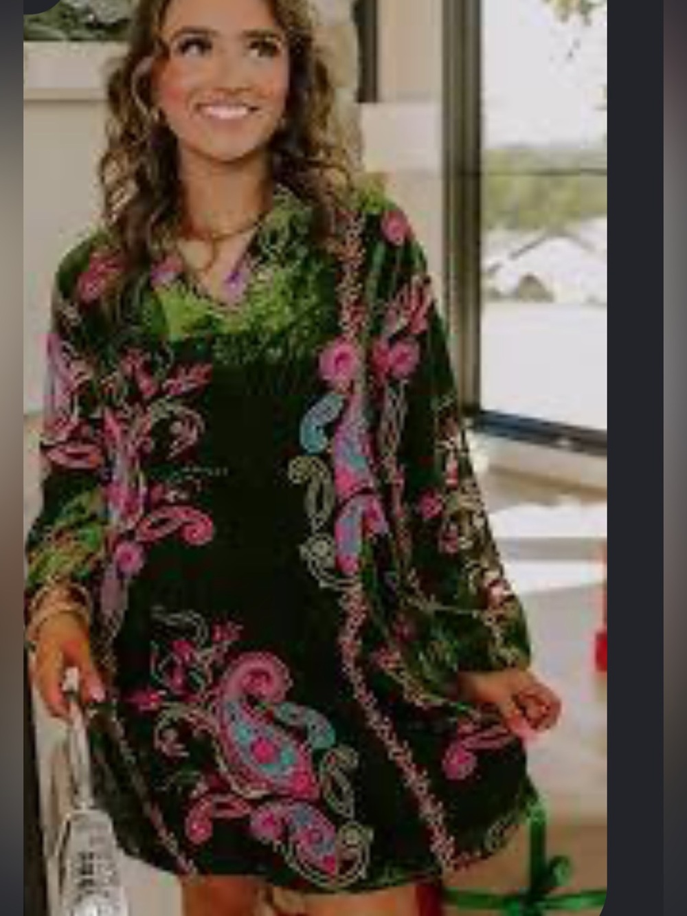 JODIFL New Olive Velvet Paisley Tunic Dress,M